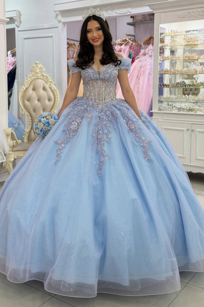 Off Shoulder Princess Quinceanera Dresses Blue Tulle Lace Beaded Party Dress for Sweet 16 HE1228