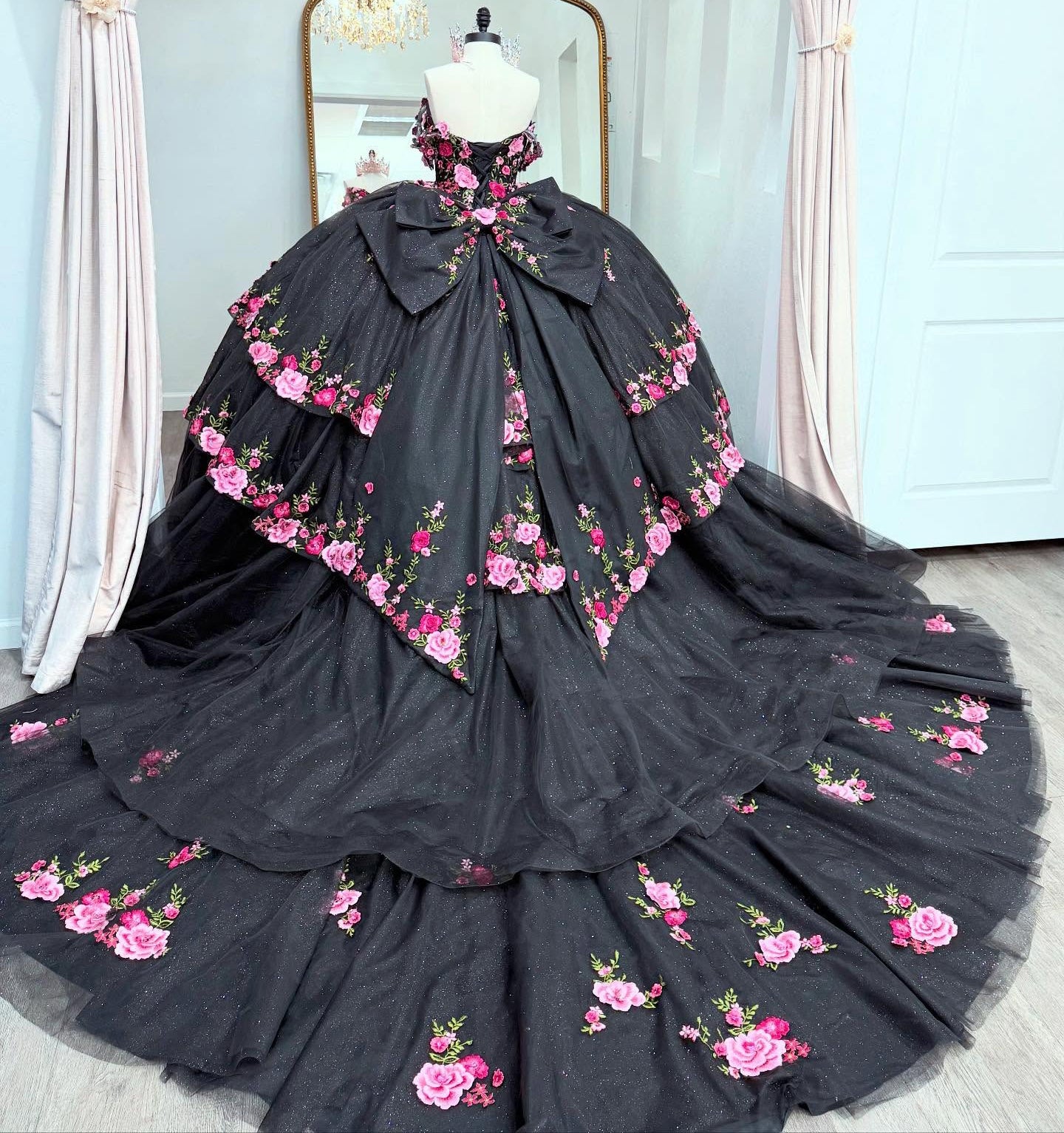 Off Shoulder Tulle 3D Flower Black Quinceanera Dresses Princess Sweet 15 Party Dress HE1294