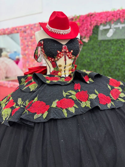 Off Shoulder Glittery Tulle Black Quinceanera Dresses Flowered Sweet 16 Party Gown HE1392