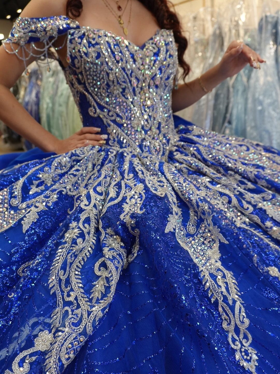 Tulle Appliqued Beaded Blue Quinceanera Dresses Off Shoulder Sweet 15 Party Gowns HE1287