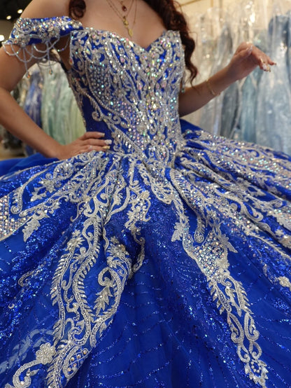 Tulle Appliqued Beaded Blue Quinceanera Dresses Off Shoulder Sweet 15 Party Gowns HE1287