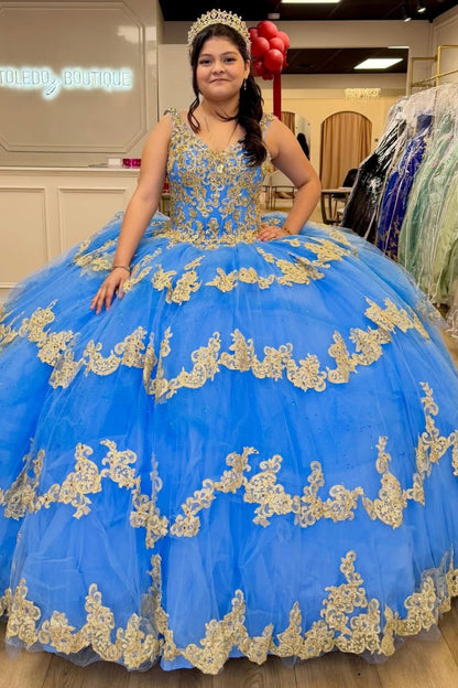 Gorgeous Lace Appliqued Blue Quinceanera Dresses Tulle Sweet 16 Birthday Party Gowns HE1351