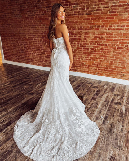 Strapless Mermaid Tulle Bridal Wedding Dresses Lace Appliqued Bride Wedding Gowns HE1337
