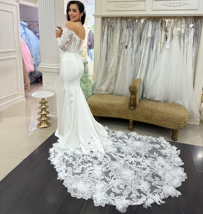 Mermaid Off Shoulder Satin Wedding Dresses Lace Long Sleeves Bridal Wedding Gowns HE1381