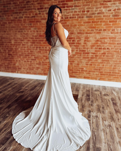 Mermaid Satin Pleated Wedding Dresses for Bride Spaghetti Straps Wedding Gowns HE1234