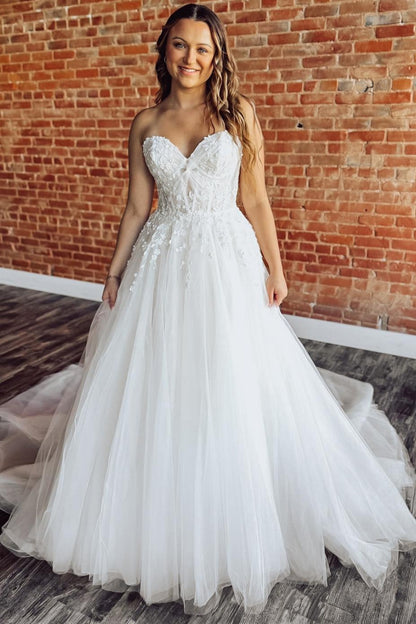 Sweetheart Tulle Appliqued Wedding Gowns for Women A Line Boho Wedding Dress HE1338