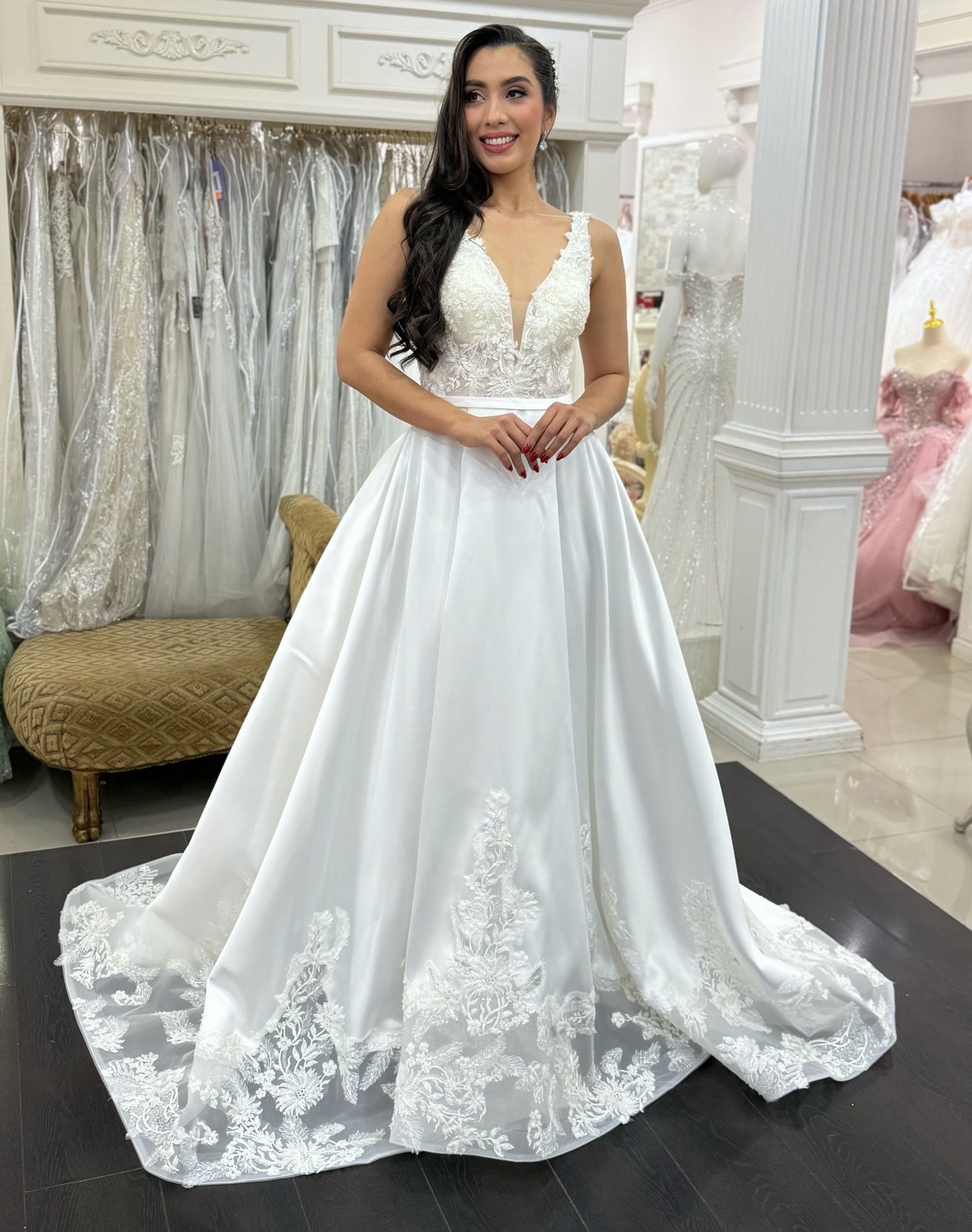 Satin A Line Appliqued Wedding Dresses V Neck Elegant Wedding Gowns for Women HE1382