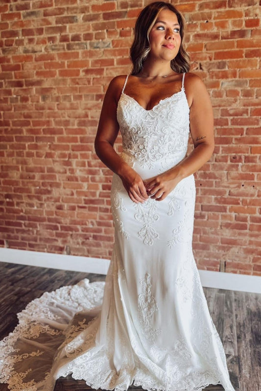 Women's Satin Lace Appliqued Wedding Dresses for Bride V Neck Wedding Gowns HE1424