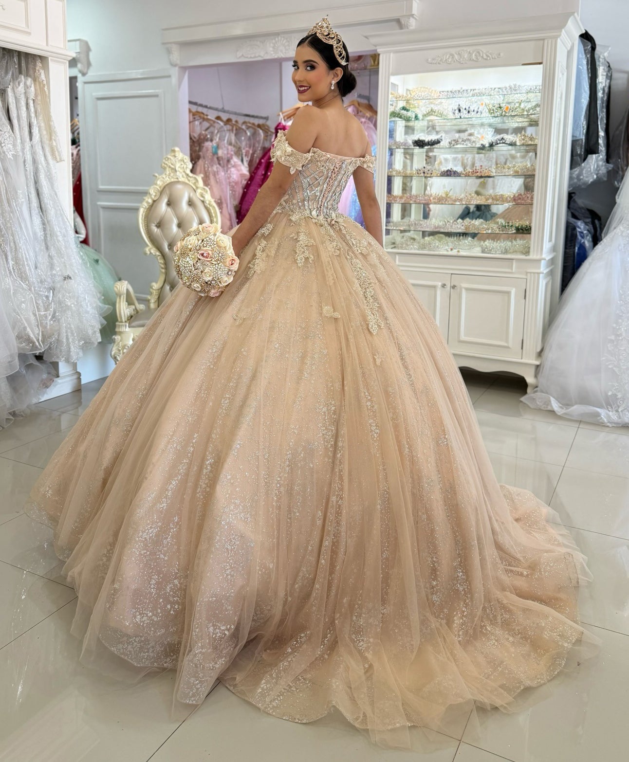 champagne quince dress Princess Tulle Lace Appliqued Off Shoulder Champagne Quinceanera Dress