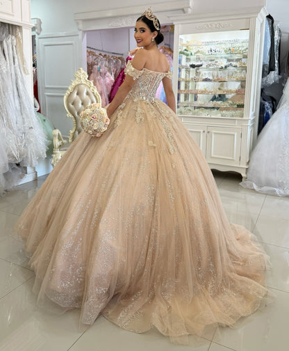 Vestidos de quinceañera con hombros descubiertos, tul princesa, apliques, vestidos de quinceañera HE530