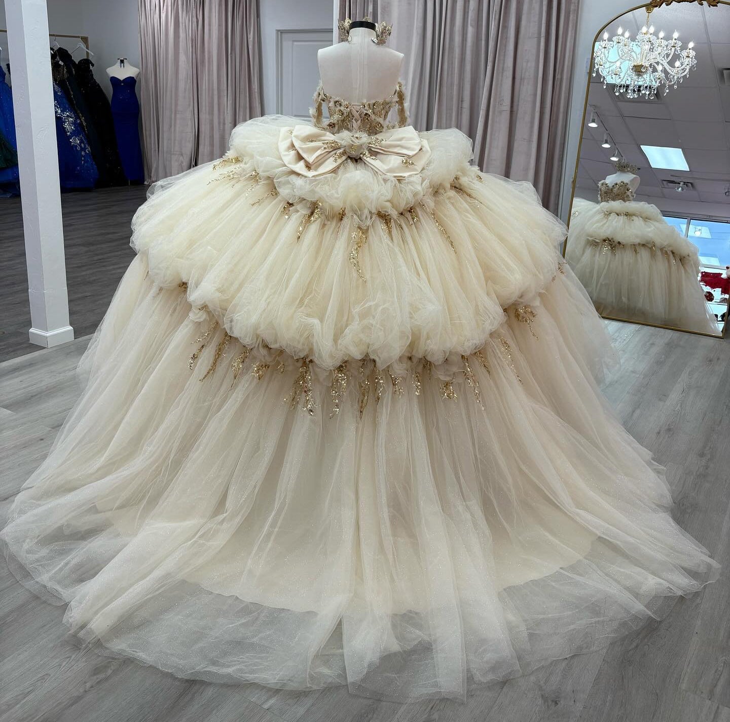 Luxury Champagne Quinceanera Dresses Tulle Tiered Sweet 15 Photoshoot