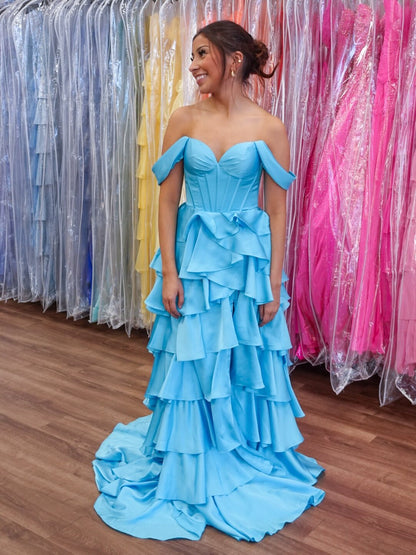 Off Shoulder Satin Ruffled Prom Dresses A Line Corset Long Evening Party Gowns HE1374