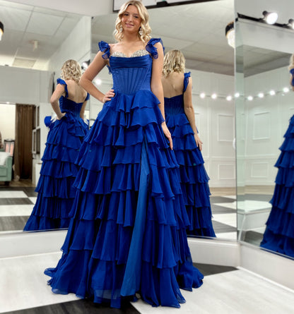 Chiffon Ruffled A Line Prom Dresses with Slit Long Corset Beaded Evening Dress for Women HE1327