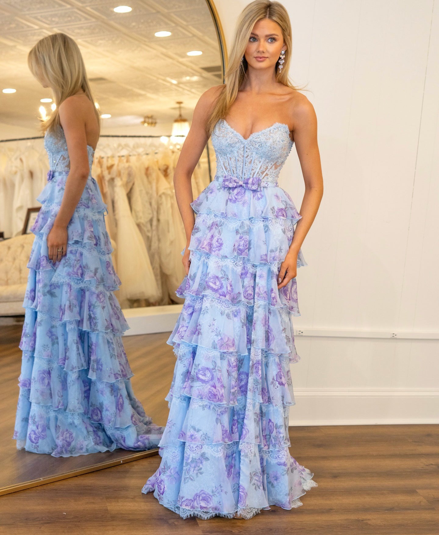 Strapless Chiffon Floral Print A Line Tiered Prom Evening Dresses Long for Women HE1472