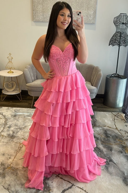 A Line Chiffon Ruffled Long Prom Dresses Sweetheart Corset Evening Gowns for Women HE1250