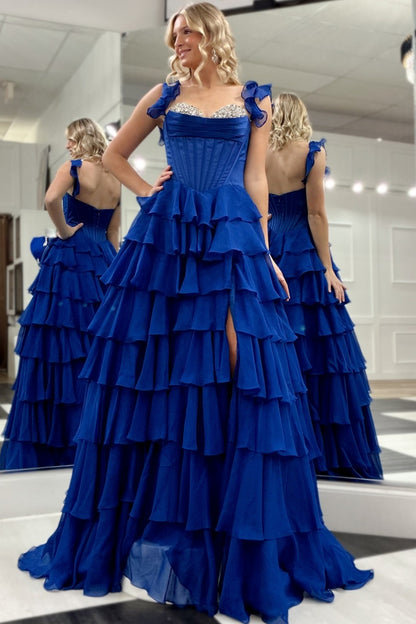 Chiffon Ruffled A Line Prom Dresses with Slit Long Corset Beaded Evening Dress for Women HE1327