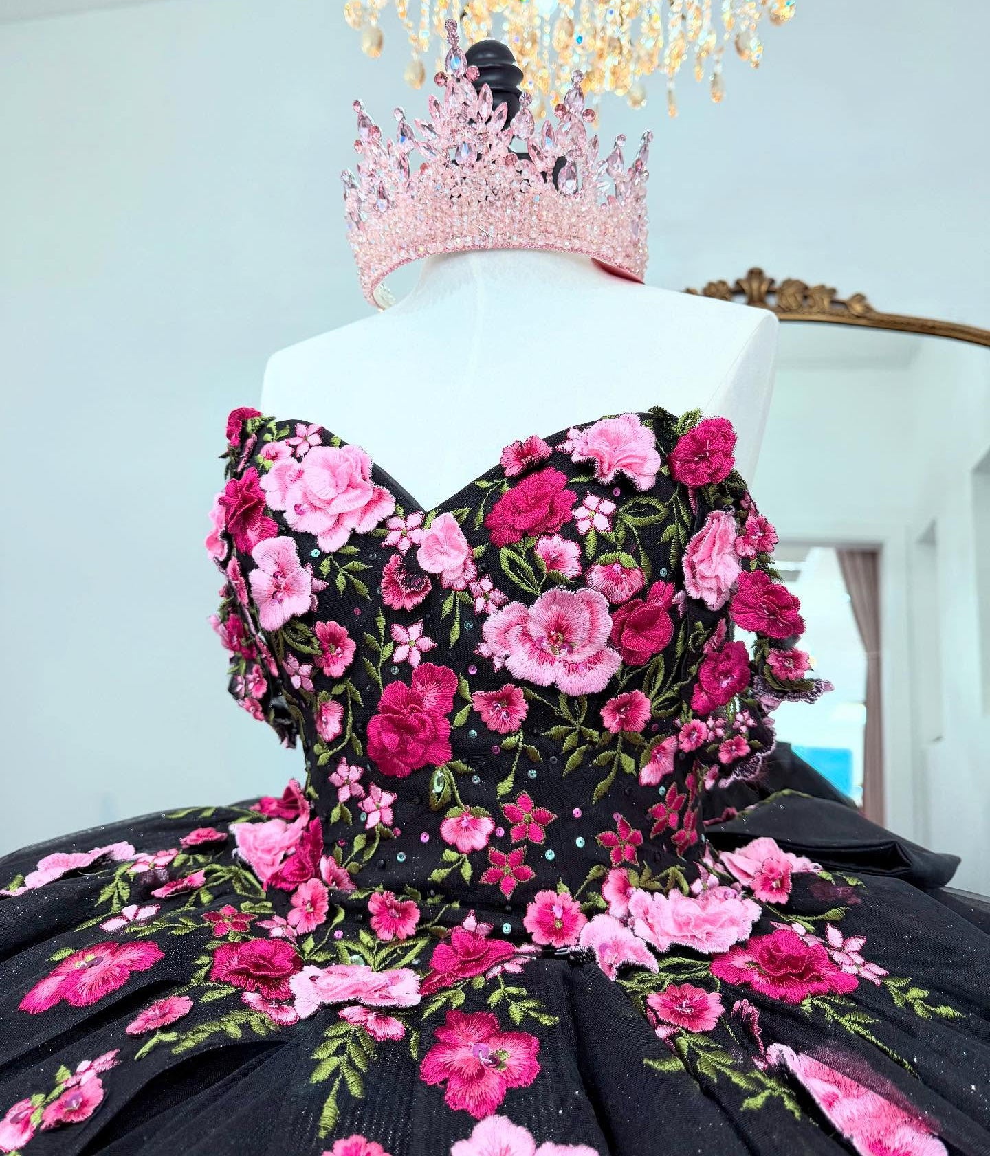 Off Shoulder Tulle 3D Flower Black Quinceanera Dresses Princess Sweet 15 Party Dress HE1294