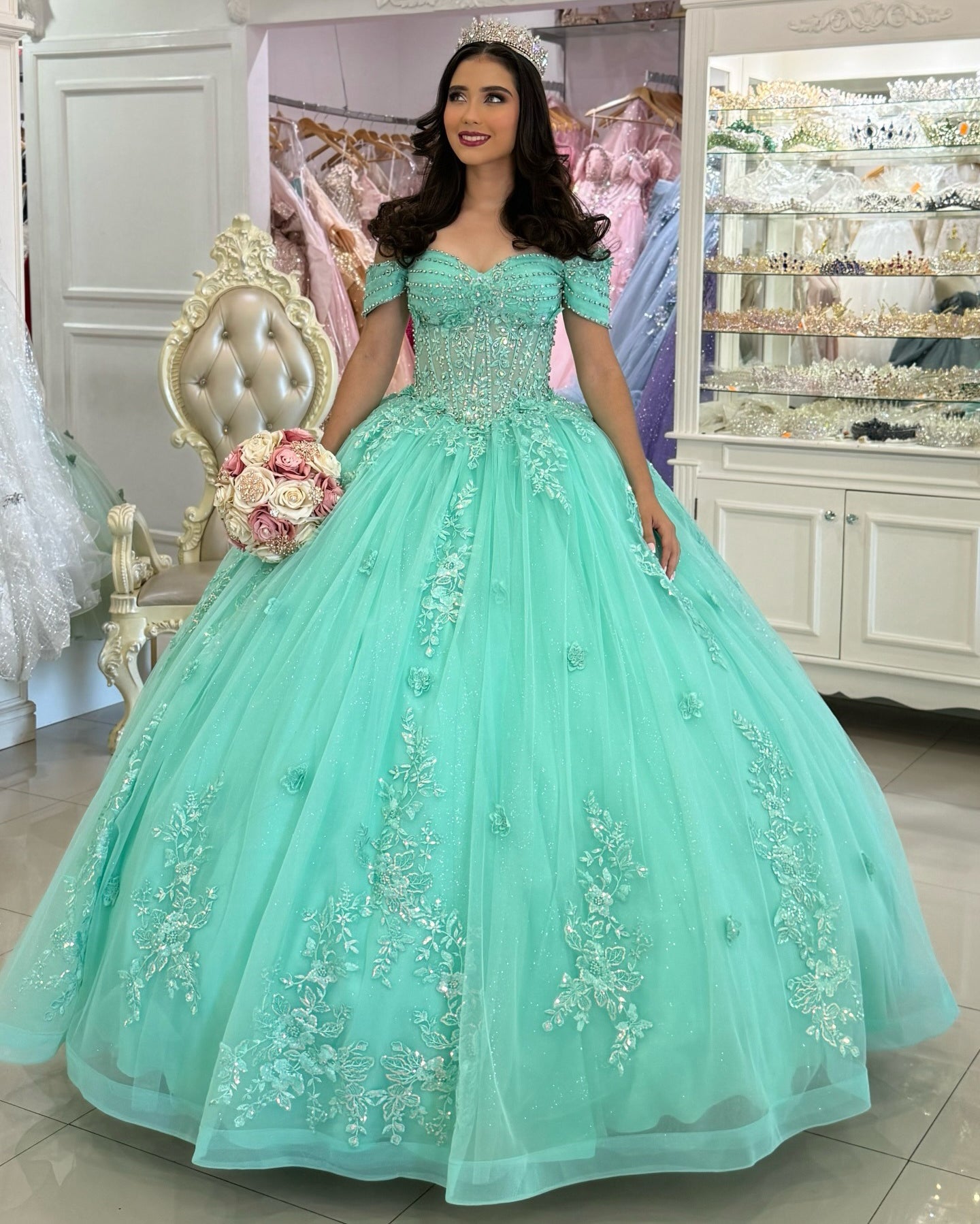 Vestidos de quinceañera con hombros descubiertos, tul princesa, apliques, vestidos de quinceañera HE530