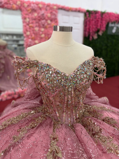 Luxury Lace Crystal Beaded Quinceanera Dresses Off Shoulder Sweet 16 Birthday Party Gowns HE1219