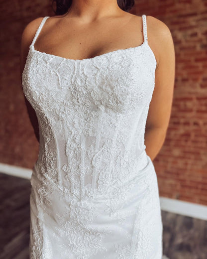 Mermaid Lace Appliqued Beach Wedding Dresses Tulle Boho Bridal Wedding Gown HE1339