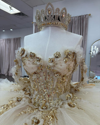 Luxury Champagne Quinceanera Dresses Tulle Tiered Sweet 15 Photoshoot Party Gown HE1305