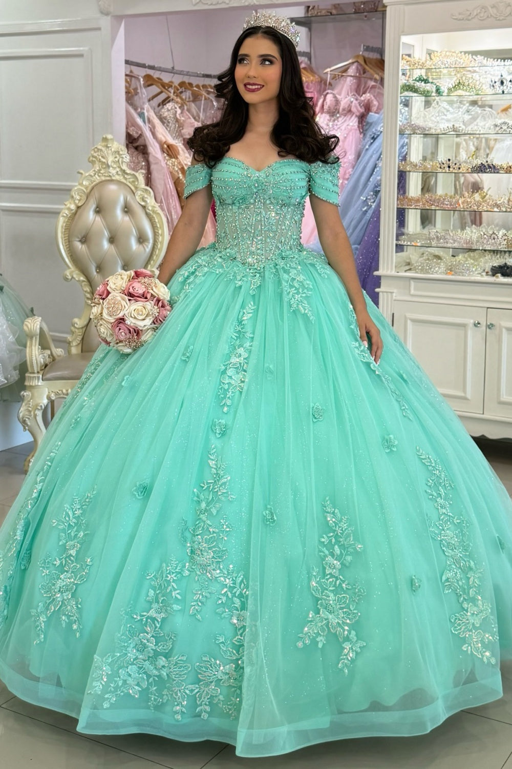 Vestidos de quinceañera con hombros descubiertos, tul princesa, apliques, vestidos de quinceañera HE530