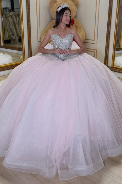 Sweetheart Luxury Crystal Beaded Pink Quinceanera Dresses Tulle Birthday Dress for Sweet 15 HE1355