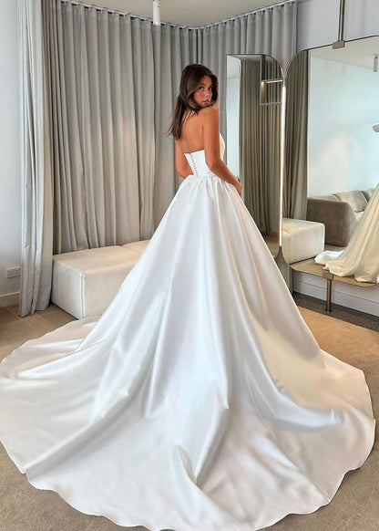 A Line Sweetheart White Satin Bridal Wedding Dresses with Long Train HE803
