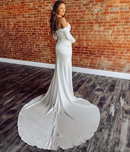 Mermaid Long Sleeves Satin Wedding Gowns Off Shoulder Bridal Wedding Dresses HE1333