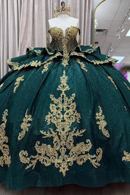 Off Shoulder Tulle Lace Green Quinceanera Dresses Ball Gown Sweet 15 Party Dress HE1298