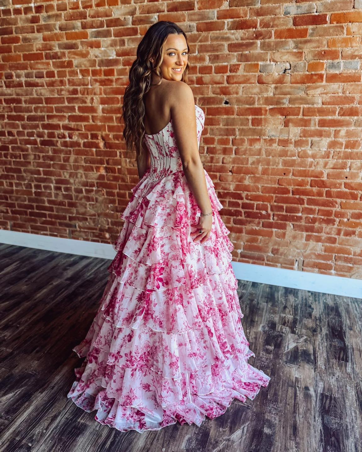 Women's Sweetheart Corset Chiffon Floral Print A Line Long Prom Dresses with Slit HE1478
