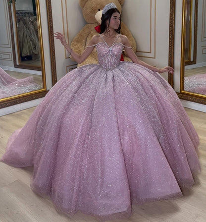 Glittery Tulle Crystal Beaded Pink Quinceanera Dresses Ball Gown Sweet 15 Party Dress HE1357