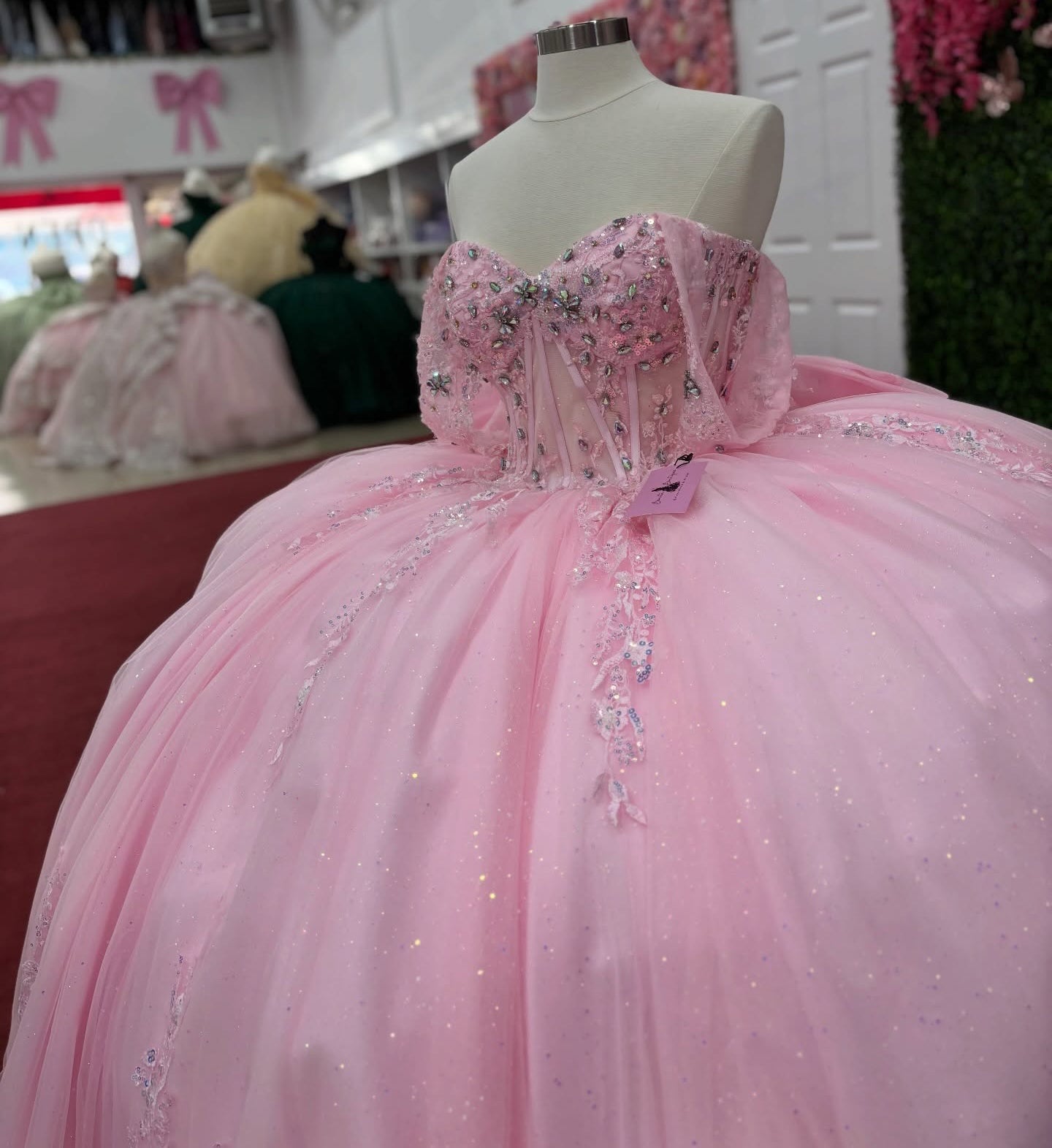 Glittery Tulle Lace Appliqued Pink Quinceanera Dresses Sweet 16 Birthday Party Gown HE1394