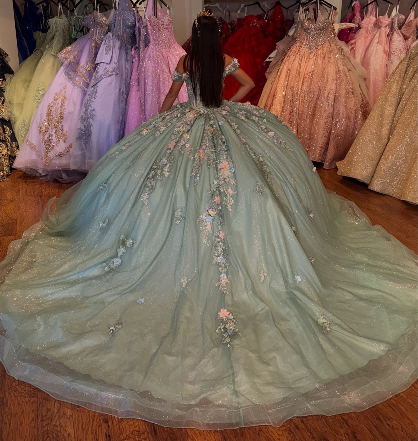 Off Shoulder 3d Flower Green Quinceanera Dresses Princess Sweet 15 Tulle Party Gowns HE1411