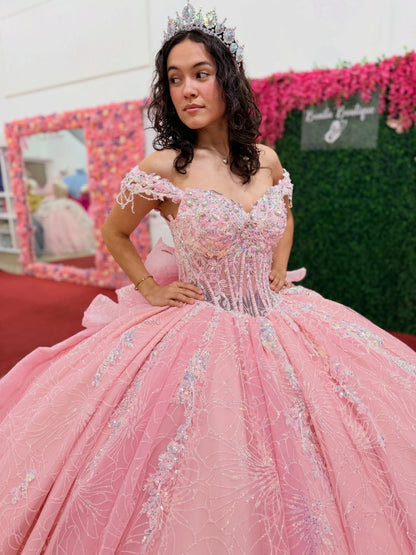 Princess Glittery Tulle Beaded Pink Quinceanera Dresses Sweet 16 Birthday Prom Party Gown HE1414