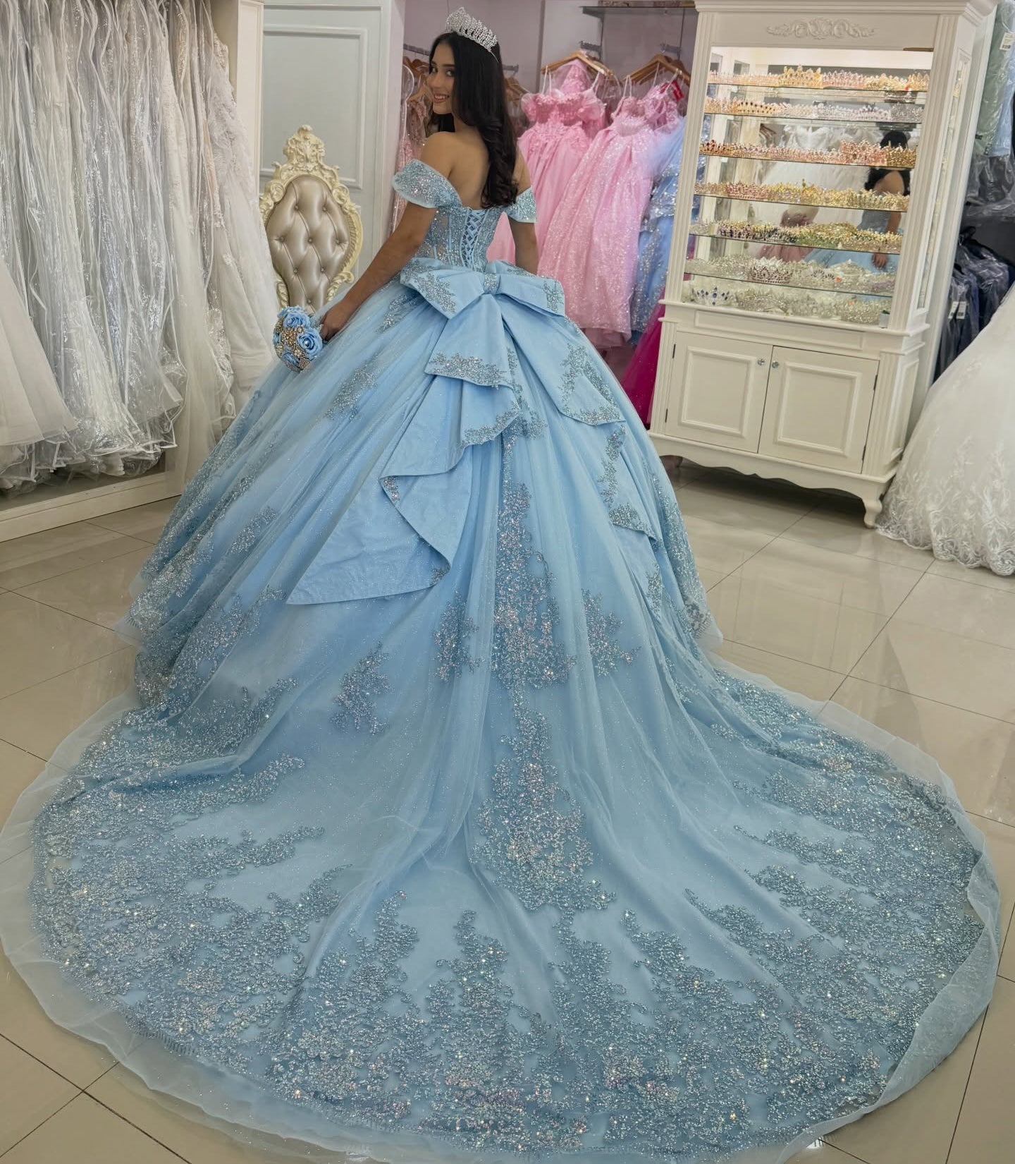 Off Shoulder Tulle Appliqued Blue Quinceanera Dresses Princess Party Gown for Sweet 15 HE1283