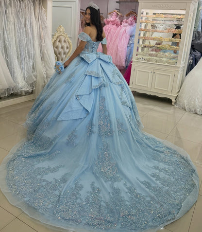 Off Shoulder Tulle Appliqued Blue Quinceanera Dresses Princess Party Gown for Sweet 15 HE1283