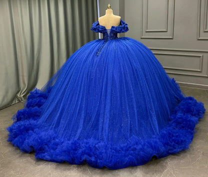 Ball Gown Tulle Ruffled Blue Quinceanera Dresses Crystal Beaded Birthday Party Gowns HE1362