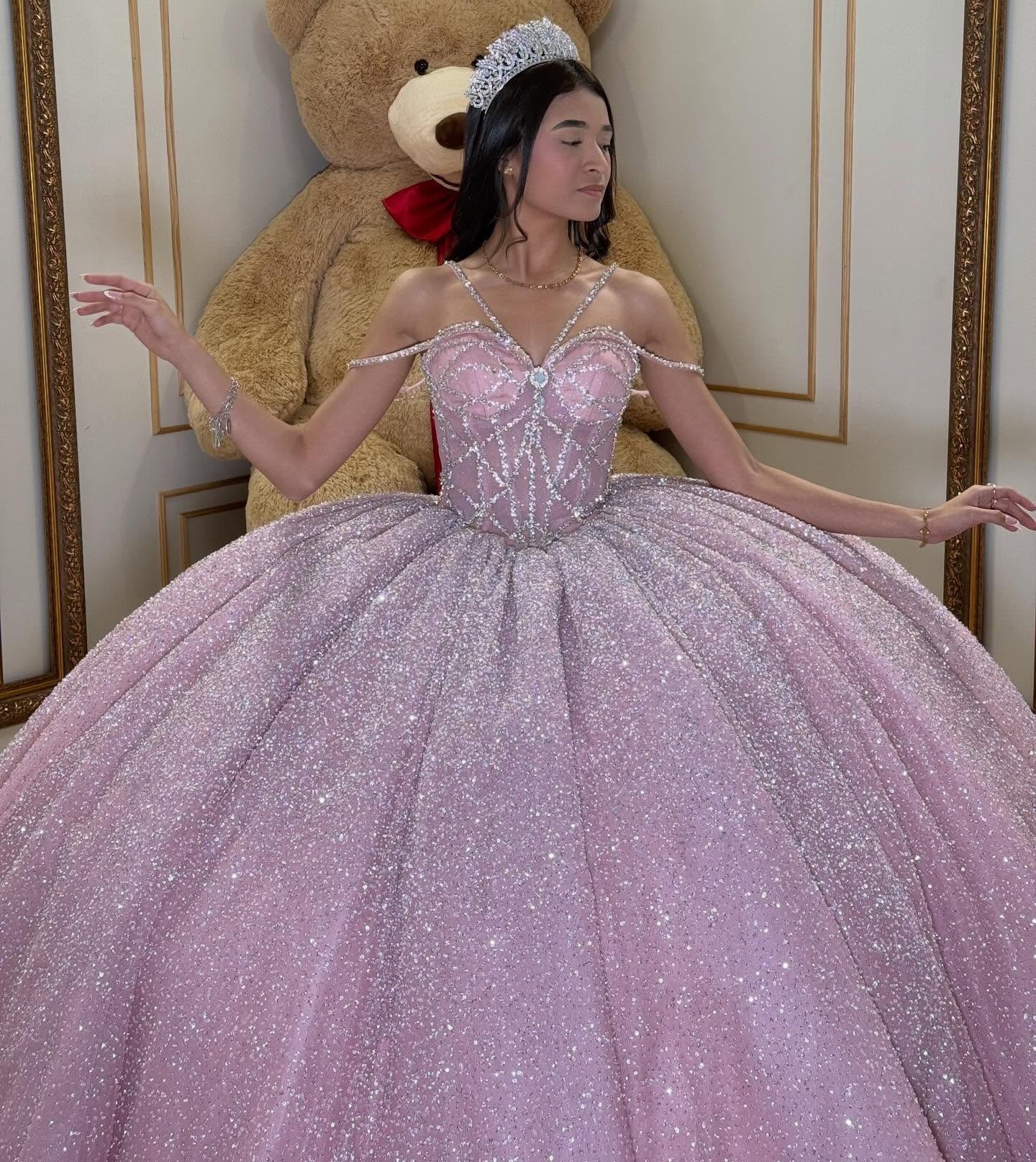 Glittery Tulle Crystal Beaded Pink Quinceanera Dresses Ball Gown Sweet 15 Party Dress HE1357