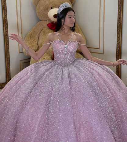 Glittery Tulle Crystal Beaded Pink Quinceanera Dresses Ball Gown Sweet 15 Party Dress HE1357