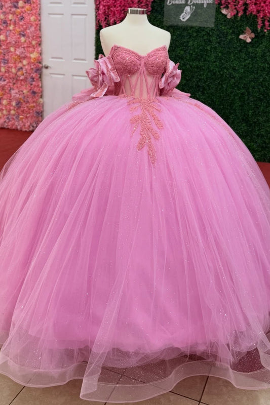 Glittery Tulle Crystal Beaded Pink Quinceanera Dresses Sweet 15 Party Gowns with Bowknot HE1409