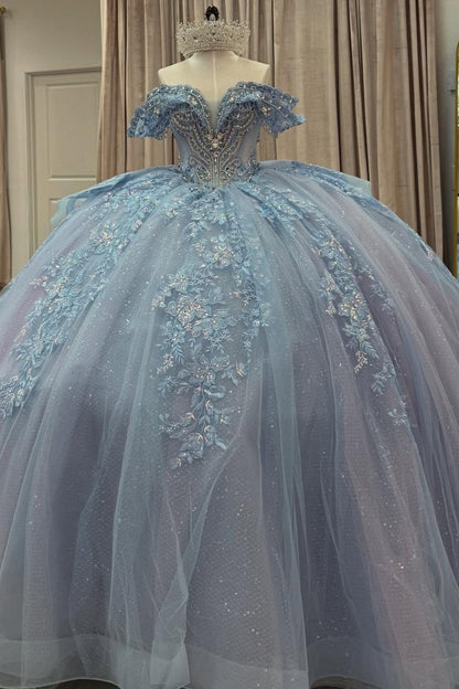 Glittery Tulle Lace Blue Quinceanera Dresses Off Shoulder Sweet 15 Birthday Photoshoot Gown HE1303