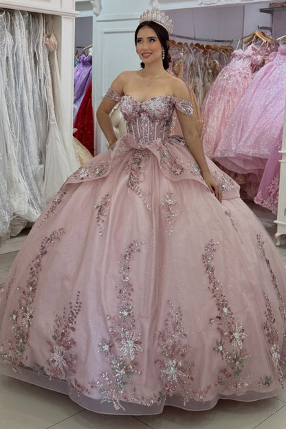 Ball Gown Off Shoulder Sweet 15 Quinceanera Dresses Lace Appliqued Party Gowns HE1402