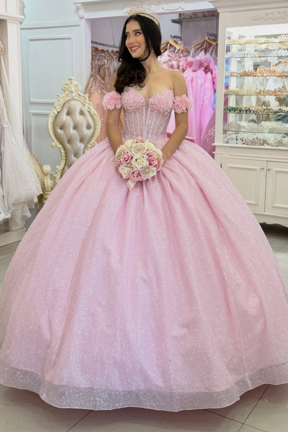 Glittery Tulle Pink Quinceanera Dresses Sequin Beaded Sweet 16 Birthday Party Gowns HE1403