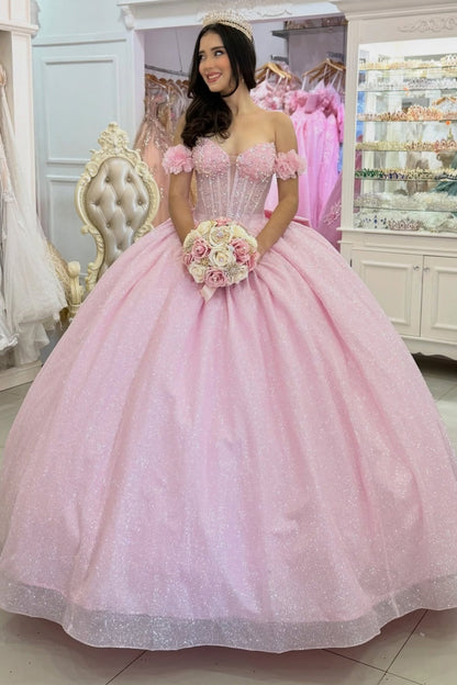 Glittery Tulle Pink Quinceanera Dresses Sequin Beaded Sweet 16 Birthday Party Gowns HE1403