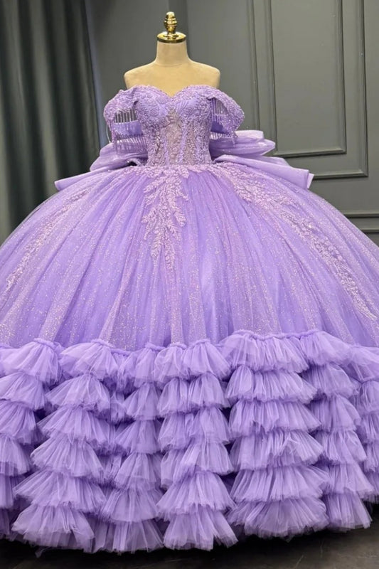 Glittery Tulle Lilac Quinceanera Dresses Appliqued Ruffled Sweet 16 Birthday Gowns HE1363