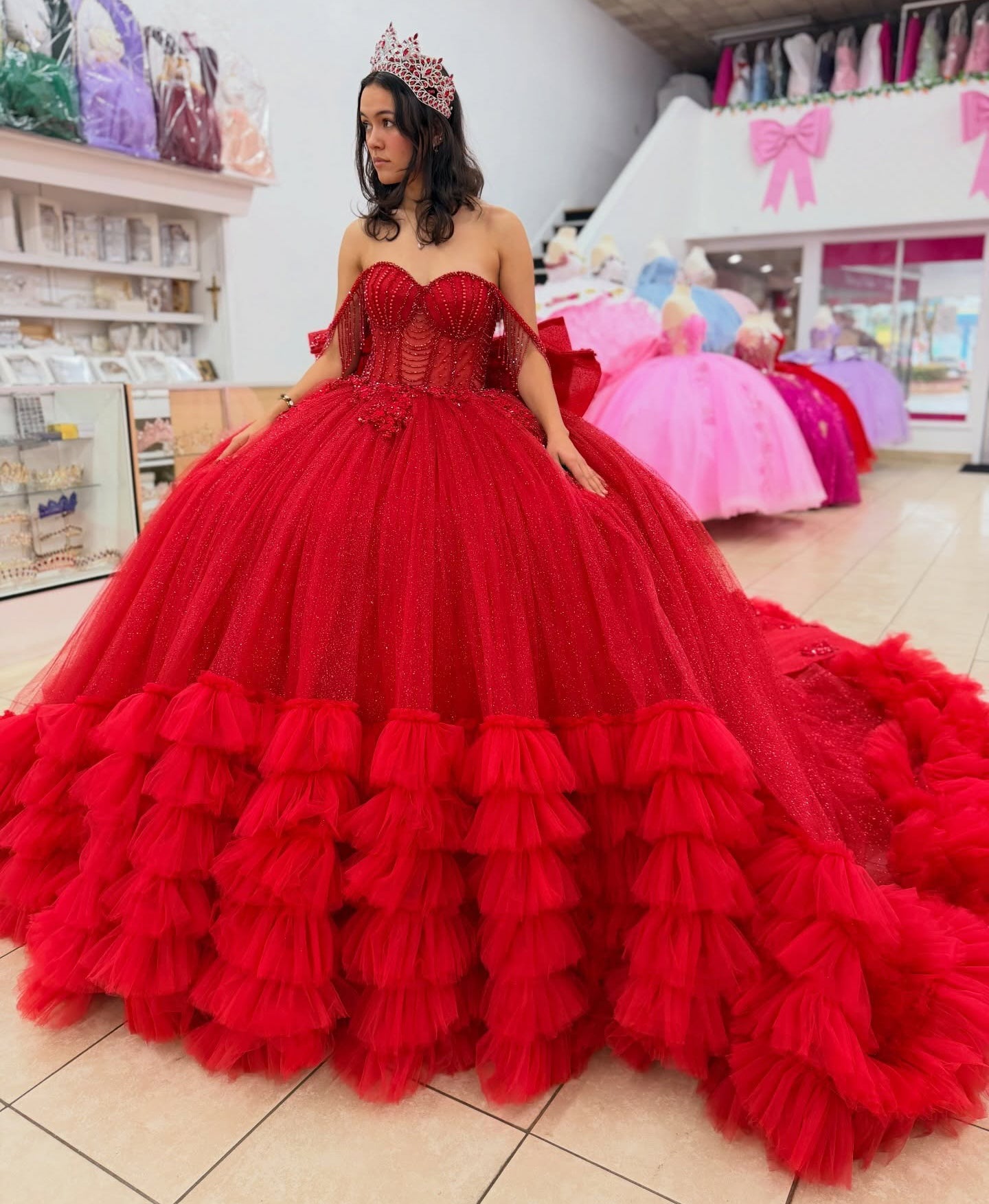 Princess Tulle Ruffled Red Quinceanera Dresses Off Shoulder Sweet 15 Birthday Gown HE1407