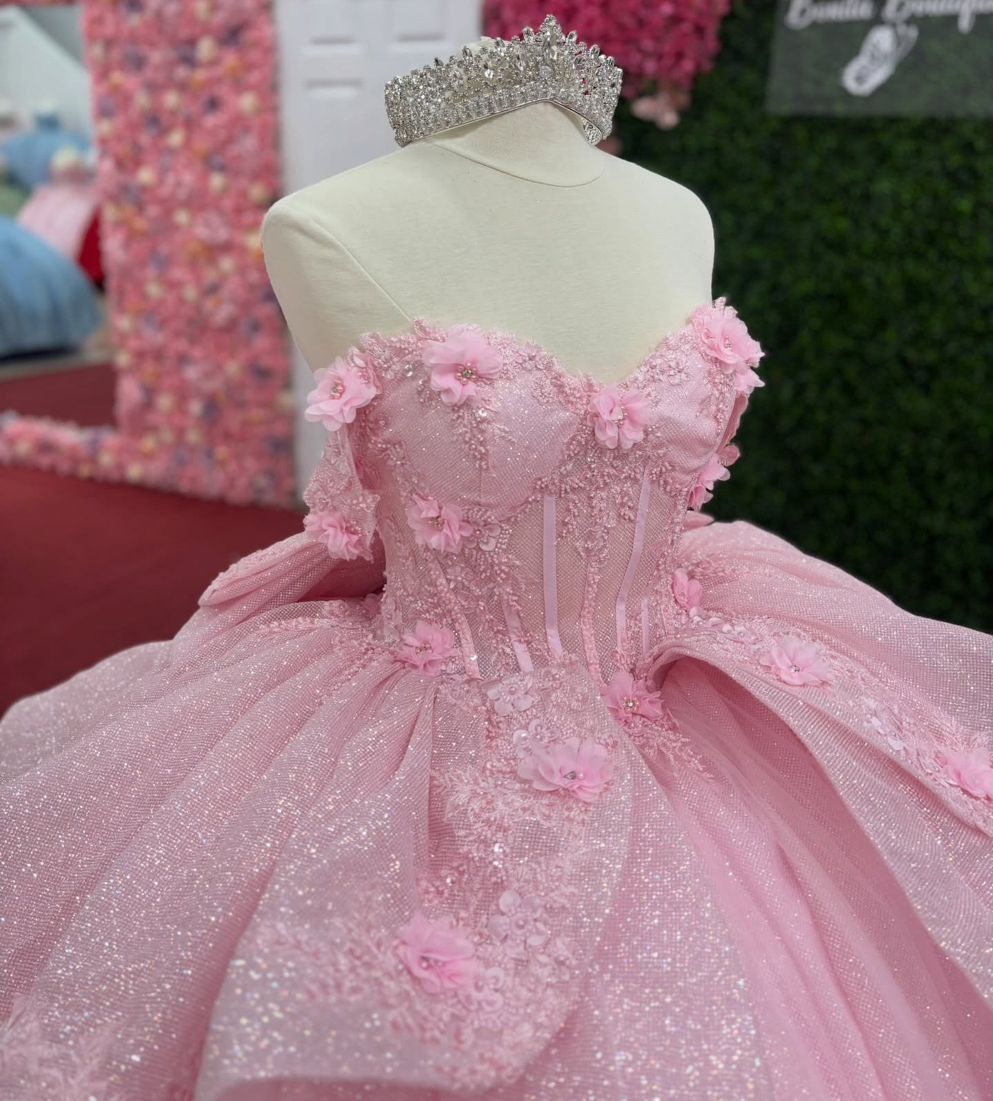 Off Shoulder Lace Appliqued Pink Quinceanera Dresses Corset Ruffled Sweet 15 Party Gown HE1279