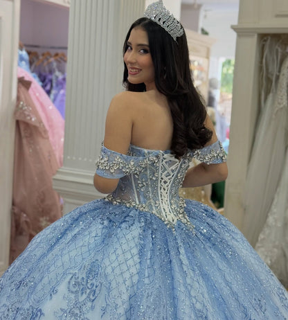 Luxury Crystal Beaded Blue Quinceanera Dresses Off Shoulder Sweet 16 Birthday Gown HE1400