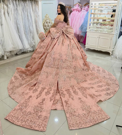 Off Shoulder Luxury Lace Beaded Quinceanera Dresses Tulle Bowknot Sweet 15 Party Dress HE1285